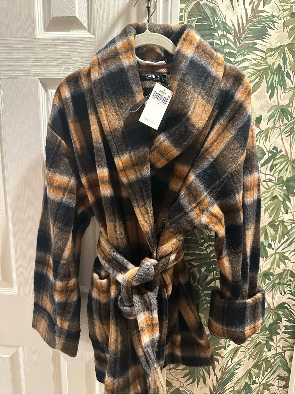 NWT Lauren Ralph Lauren Plaid Wool Blend Shawl Collar Wrap Coat Jacket L